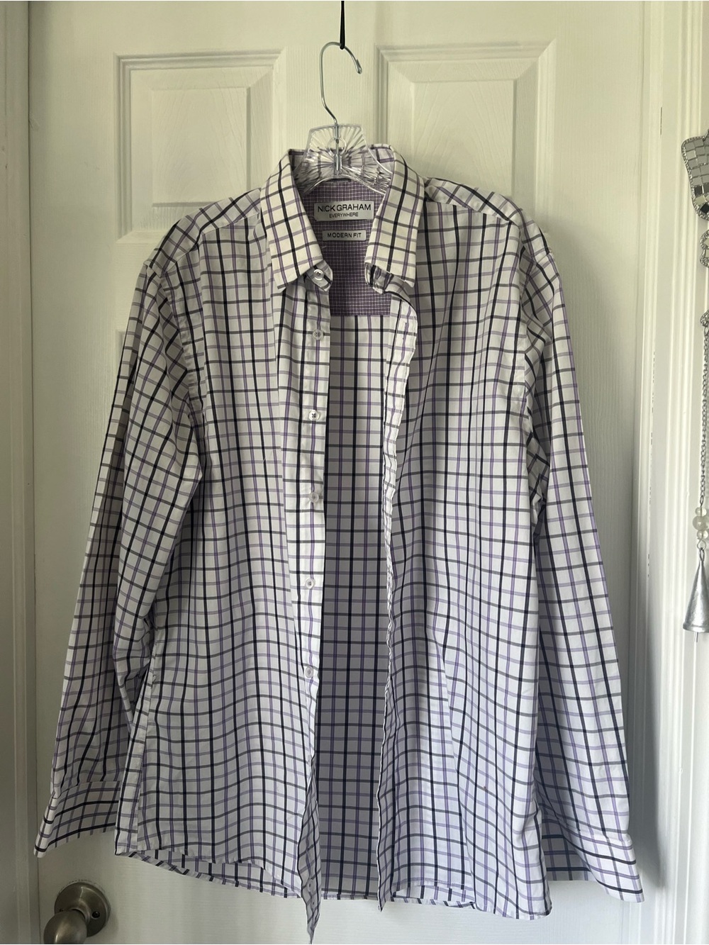 Nick Graham White Dress Shirt with Purple Windowpane Check